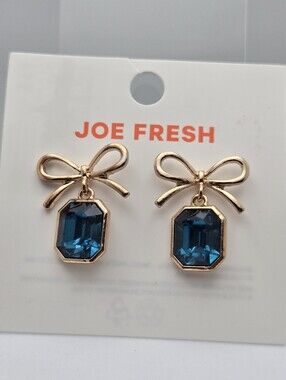 ✨2/$10✨ Joe Fresh Gold Tone Bow Earrings Blue Crystal Dangle Earrings New 1”